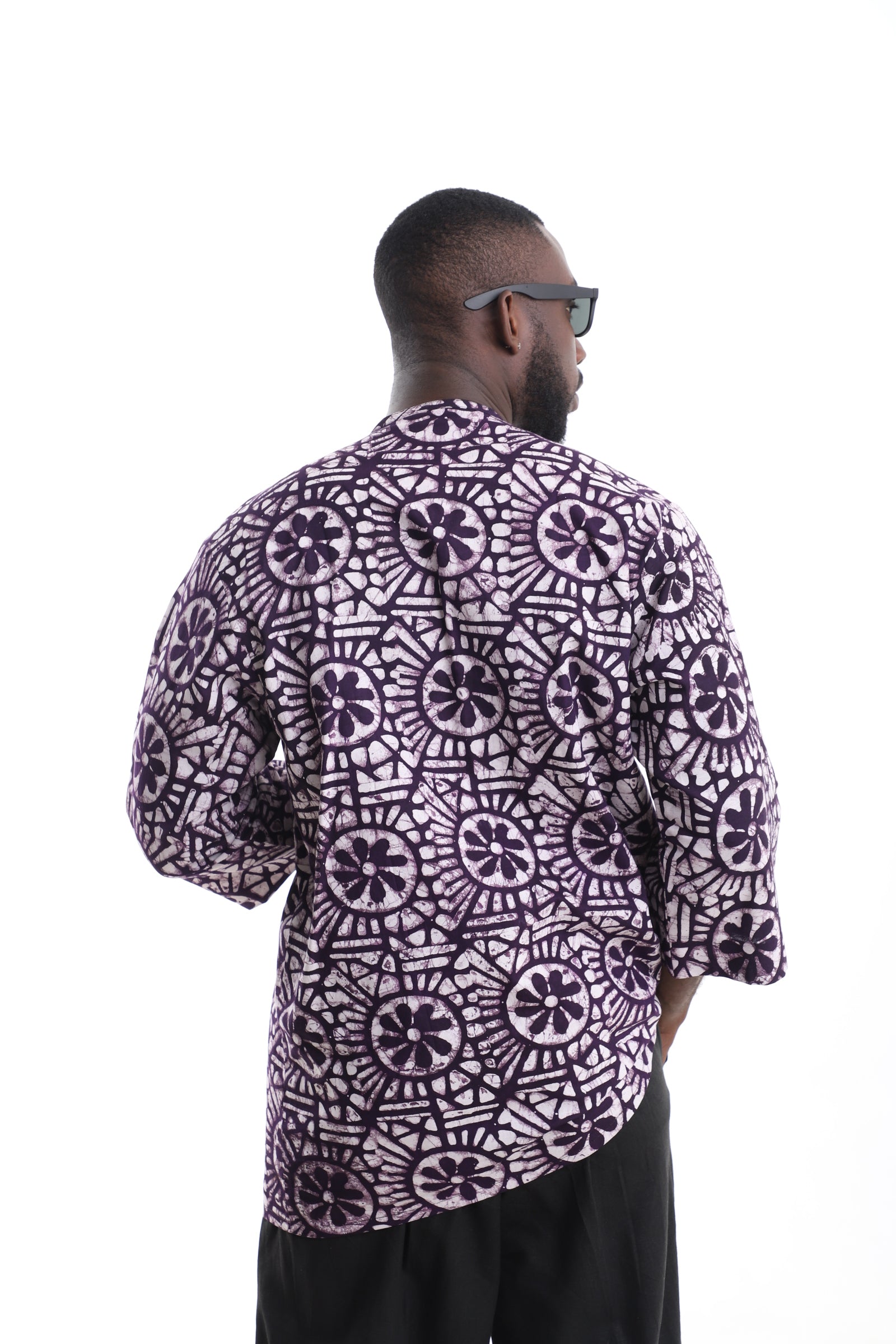 Premium Men's Handcrafted Purple Floral Adire Tunic Top – Contemporary African Menswear