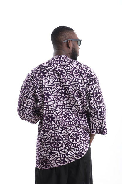 Premium Men's Handcrafted Purple Floral Adire Tunic Top – Contemporary African Menswear
