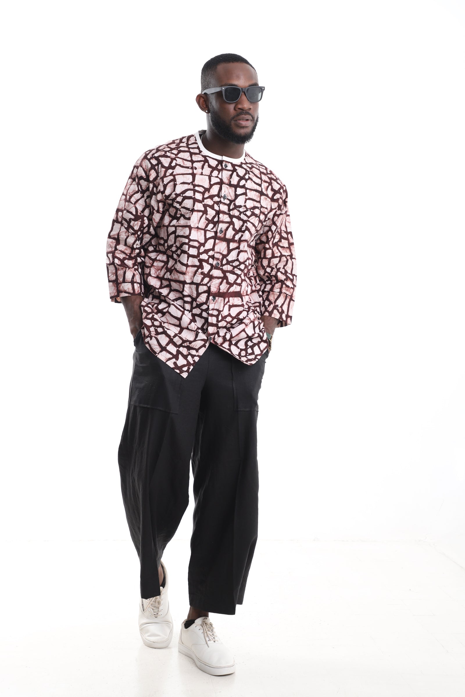 Premium 2-Piece Men's Linen &amp; Adire Set – Handcrafted Earth-Tone Adire Tunic Top &amp; Relaxed Black Linen Pants