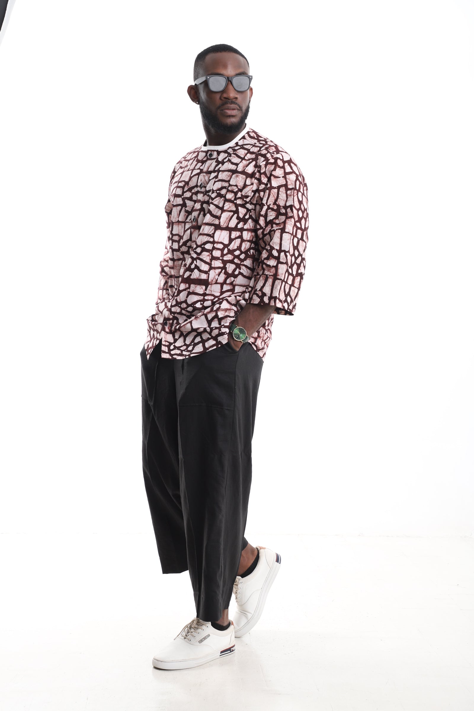 Premium 2-Piece Men's Linen &amp; Adire Set – Handcrafted Earth-Tone Adire Tunic Top &amp; Relaxed Black Linen Pants