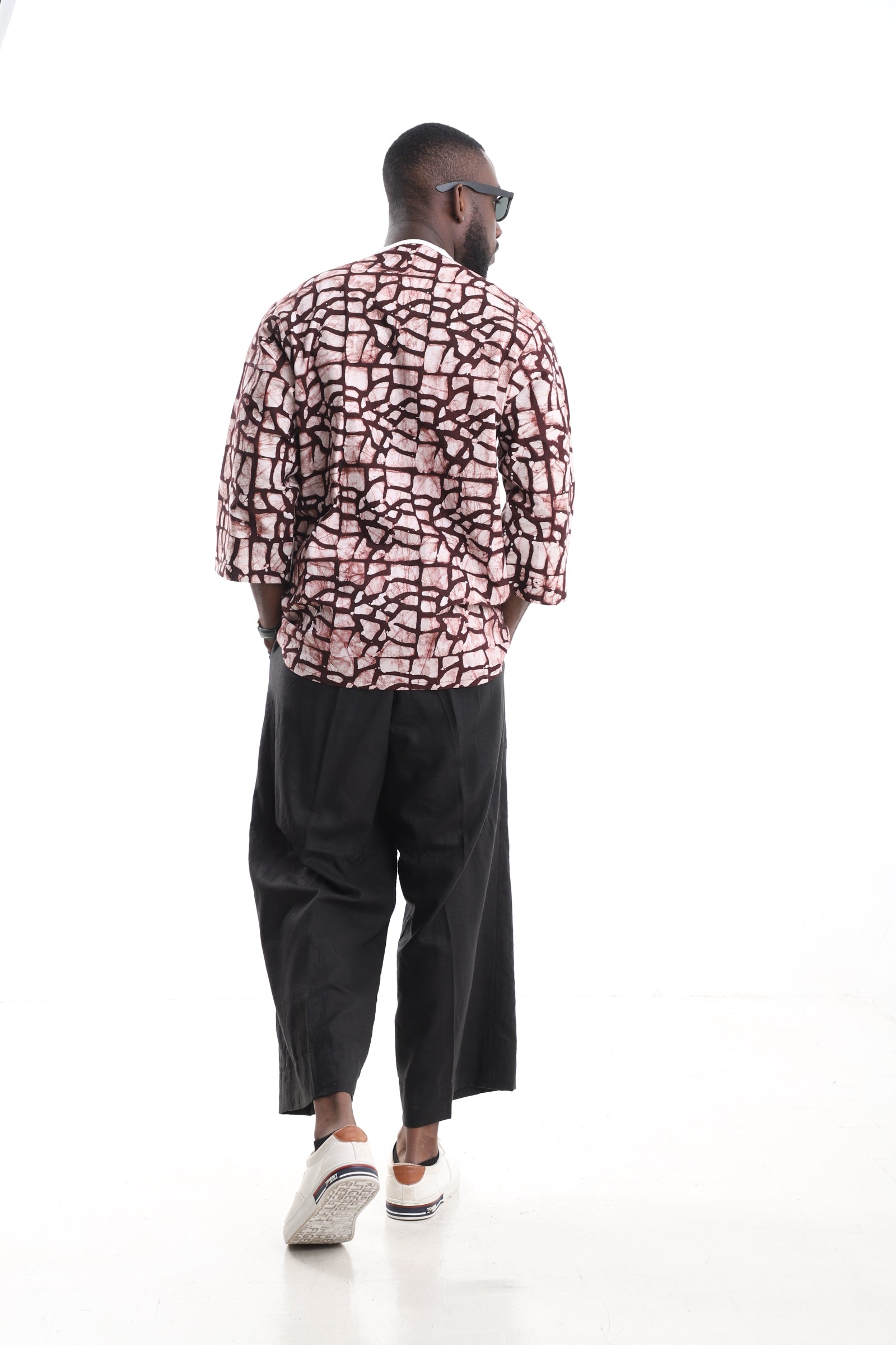 Premium 2-Piece Men's Linen &amp; Adire Set – Handcrafted Earth-Tone Adire Tunic Top &amp; Relaxed Black Linen Pants