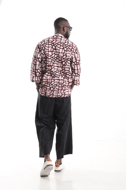 Premium 2-Piece Men's Linen &amp; Adire Set – Handcrafted Earth-Tone Adire Tunic Top &amp; Relaxed Black Linen Pants