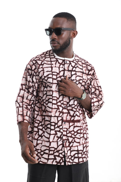 Premium Men's Earth-Tone Handcrafted Adire Tunic Top – Contemporary African Menswear