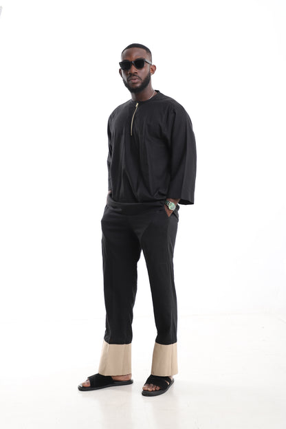 Premium 2-Piece Men's Black Linen Set – Quarter-Zip Tunic Top &amp; Contrast-Hem Trousers