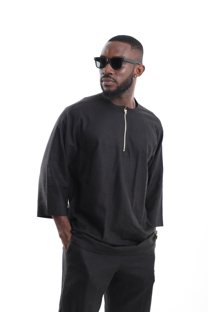 Premium Men's Black Linen Tunic Top with Gold Quarter-Zip – Contemporary African Menswear