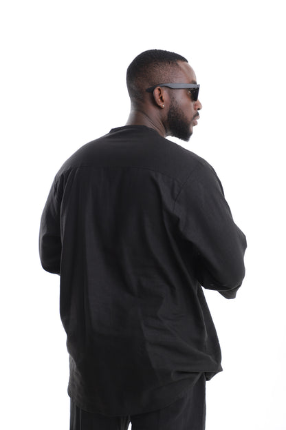 Premium Men's Black Linen Tunic Top with Gold Quarter-Zip – Contemporary African Menswear