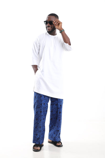 Premium 2-Piece African Menswear Set – White Minimalist Tunic Top &amp; Handcrafted Blue Adire Cargo Pants