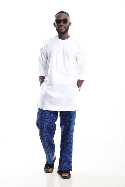Premium 2-Piece African Menswear Set – White Minimalist Tunic Top &amp; Handcrafted Blue Adire Cargo Pants