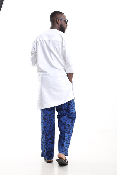 Premium 2-Piece African Menswear Set – White Minimalist Tunic Top &amp; Handcrafted Blue Adire Cargo Pants
