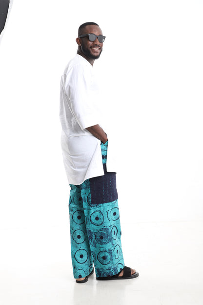 Premium 2-Piece African Menswear Set – White Minimalist Tunic Top & Handcrafted Turquoise Adire Cargo Pants with Contrast Aso-oke Pockets