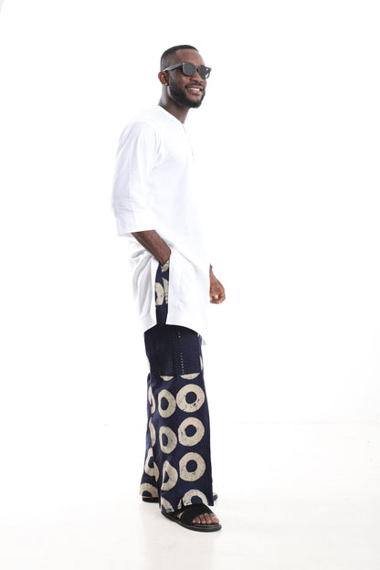 Premium 2-Piece African Menswear Set – White Minimalist Tunic Top & Handcrafted Navy Adire Cargo Pants with Aso-oke Pockets