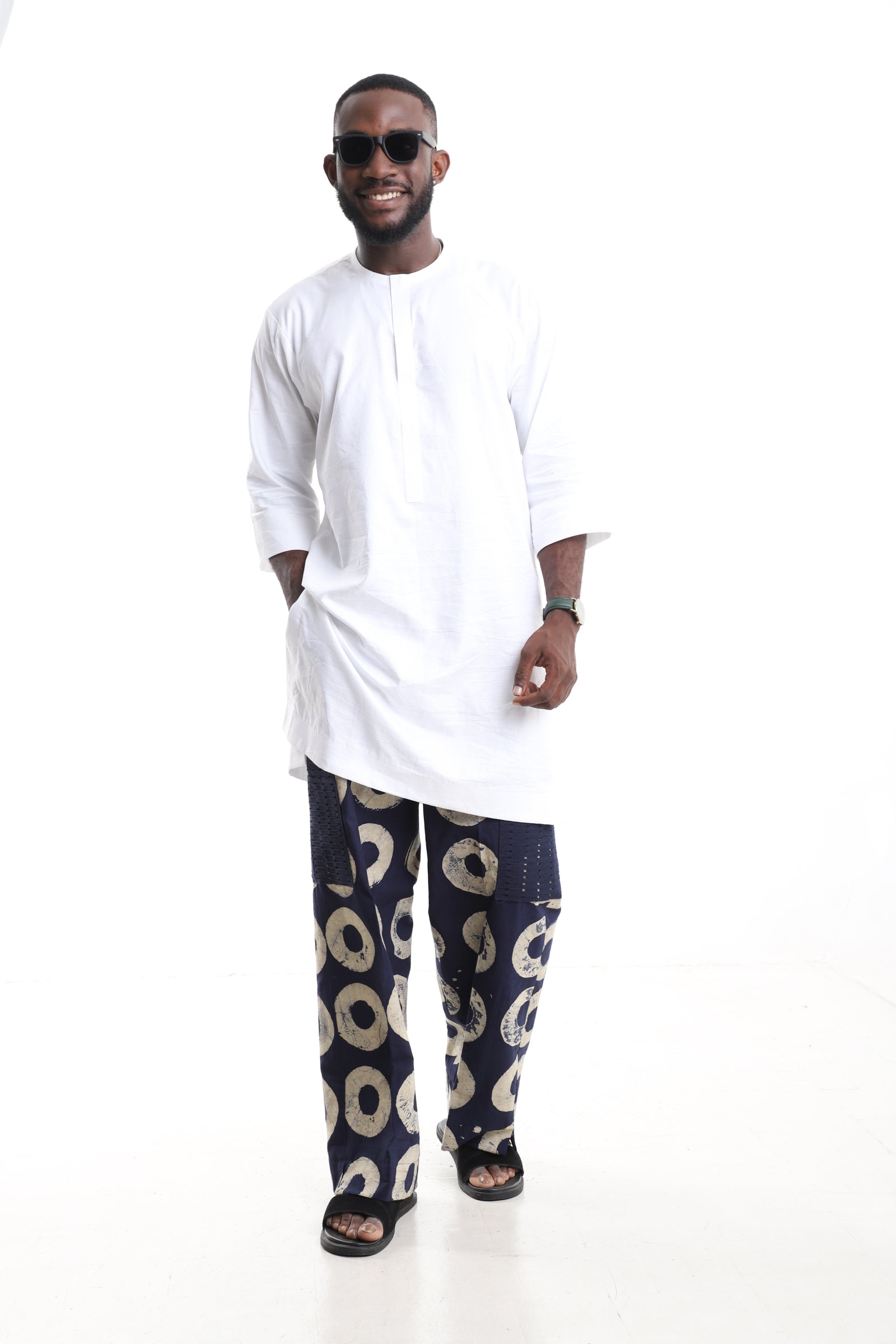 Premium 2-Piece African Menswear Set – White Minimalist Tunic Top & Handcrafted Navy Adire Cargo Pants with Aso-oke Pockets