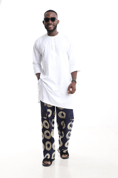 Premium 2-Piece African Menswear Set – White Minimalist Tunic Top & Handcrafted Navy Adire Cargo Pants with Aso-oke Pockets