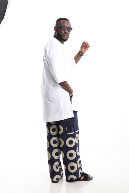 Premium 2-Piece African Menswear Set – White Minimalist Tunic Top & Handcrafted Navy Adire Cargo Pants with Aso-oke Pockets