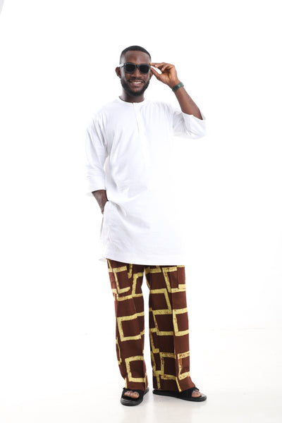 "King Kaftan White Tunic & Navy Adire Cargo Pants Set – Front View – African men's fashion Nigeria"
