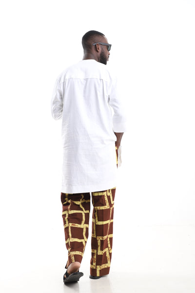 "King Kaftan White Tunic & Navy Adire Cargo Pants Set – Back View – African men's fashion Nigeria"