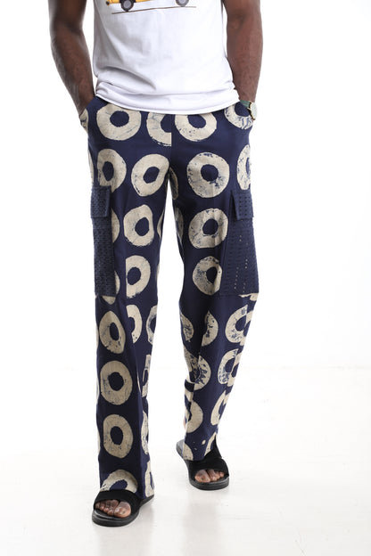 Premium Handcrafted Adire Cargo Pants with Navy Aso-oke Pockets – Contemporary African Menswear