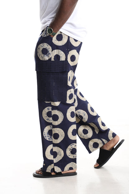 Premium Handcrafted Adire Cargo Pants with Navy Aso-oke Pockets – Contemporary African Menswear