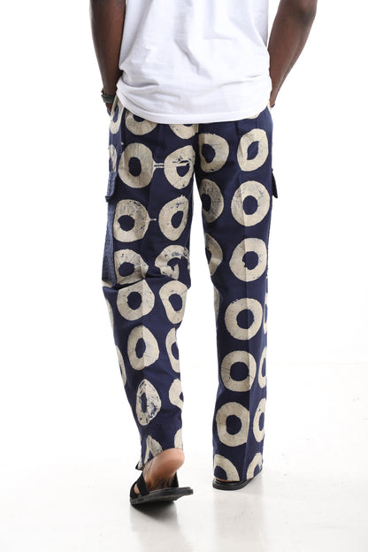 Premium Handcrafted Adire Cargo Pants with Navy Aso-oke Pockets – Contemporary African Menswear