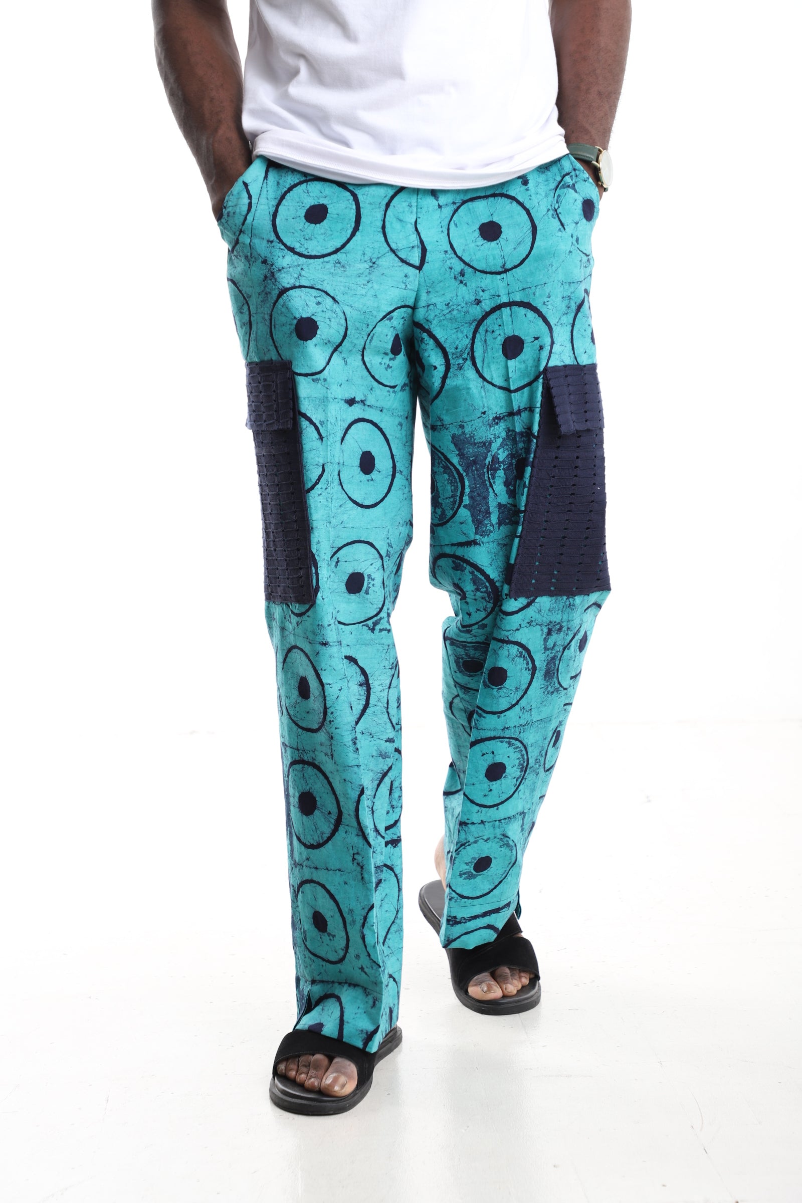 Premium Handcrafted Adire Cargo Pants with Contrast Mesh Pockets – Contemporary African Menswear