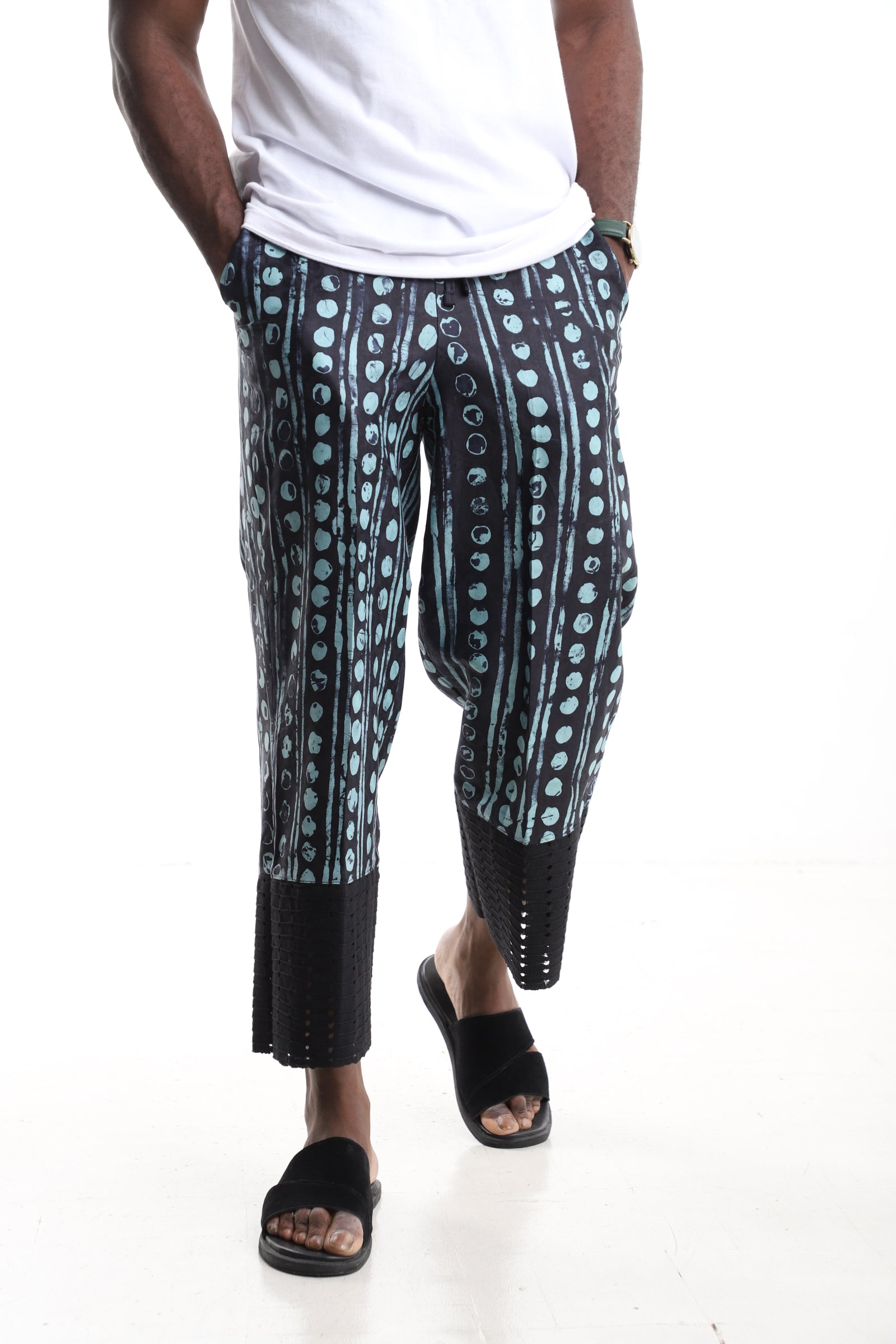 Premium Handcrafted Adire Pants with Laser-Cut Mesh Hem – Contemporary African Menswear