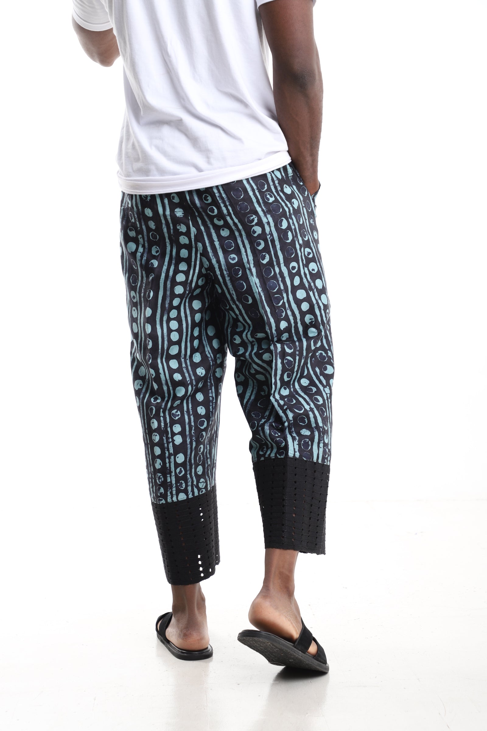 Premium Handcrafted Adire Pants with Laser-Cut Mesh Hem – Contemporary African Menswear