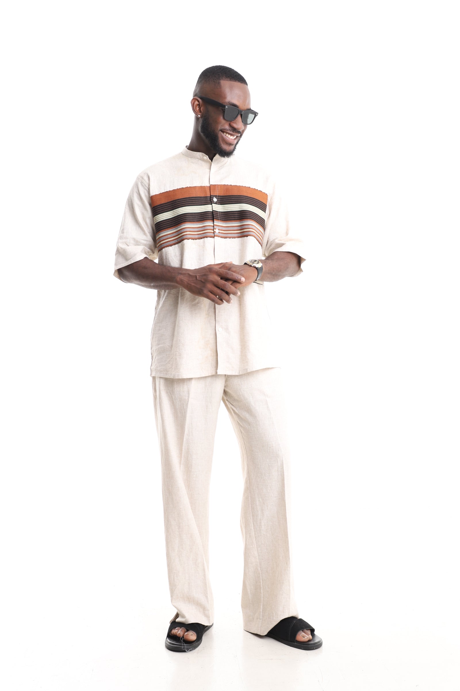 Men’s Luxury Linen Set with Aso-Oke Accent – Cream Multi