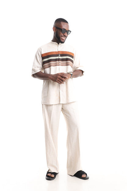 Men’s Luxury Linen Set with Aso-Oke Accent – Cream Multi