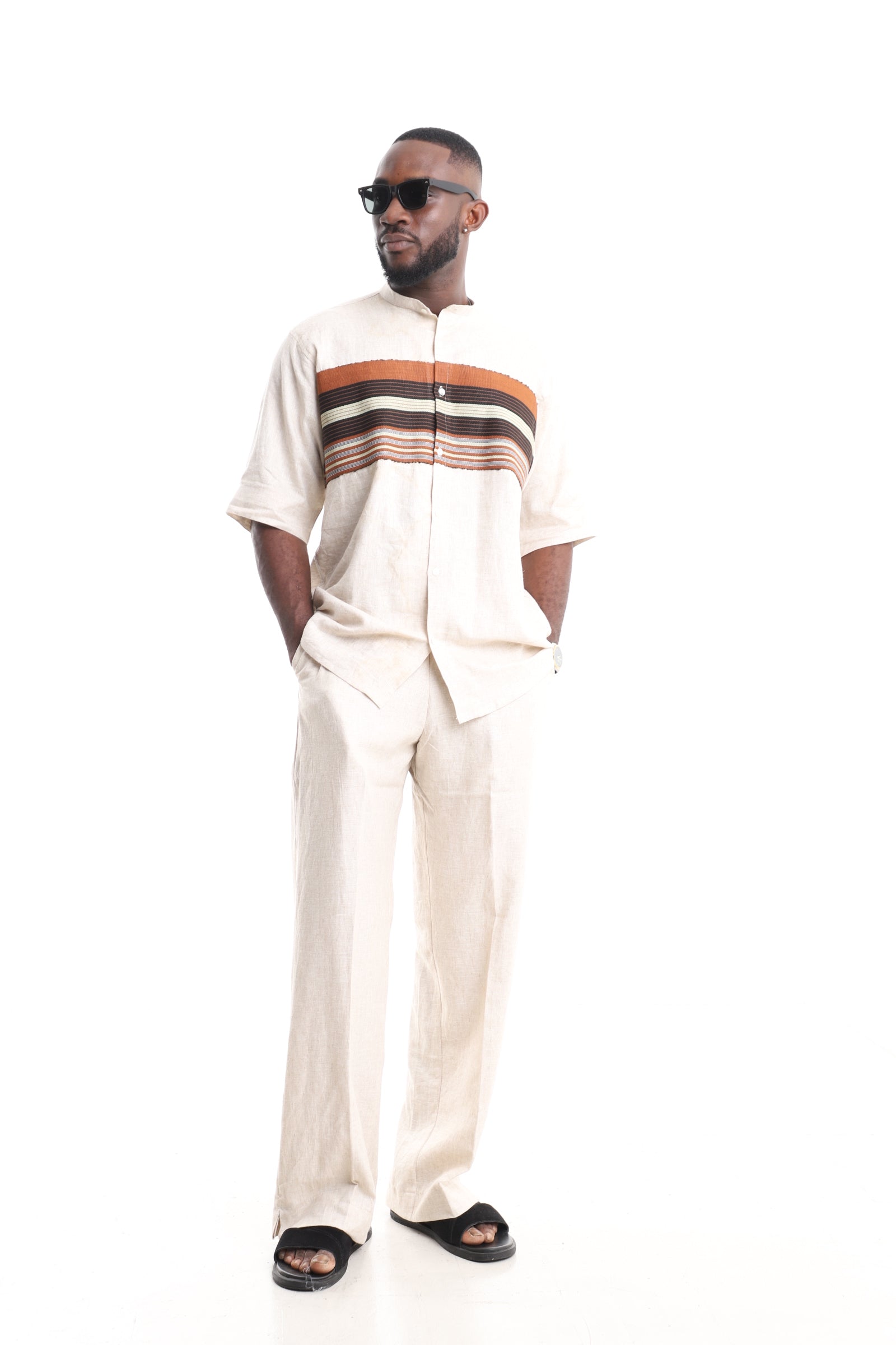 Men’s Luxury Linen Set with Aso-Oke Accent – Cream Multi