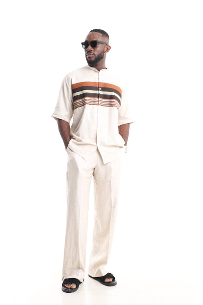 Men’s Luxury Linen Set with Aso-Oke Accent – Cream Multi