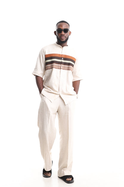 Men’s Luxury Linen Set with Aso-Oke Accent – Cream Multi