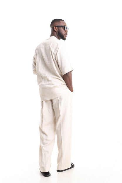Men’s Luxury Linen Set with Aso-Oke Accent – Cream Multi