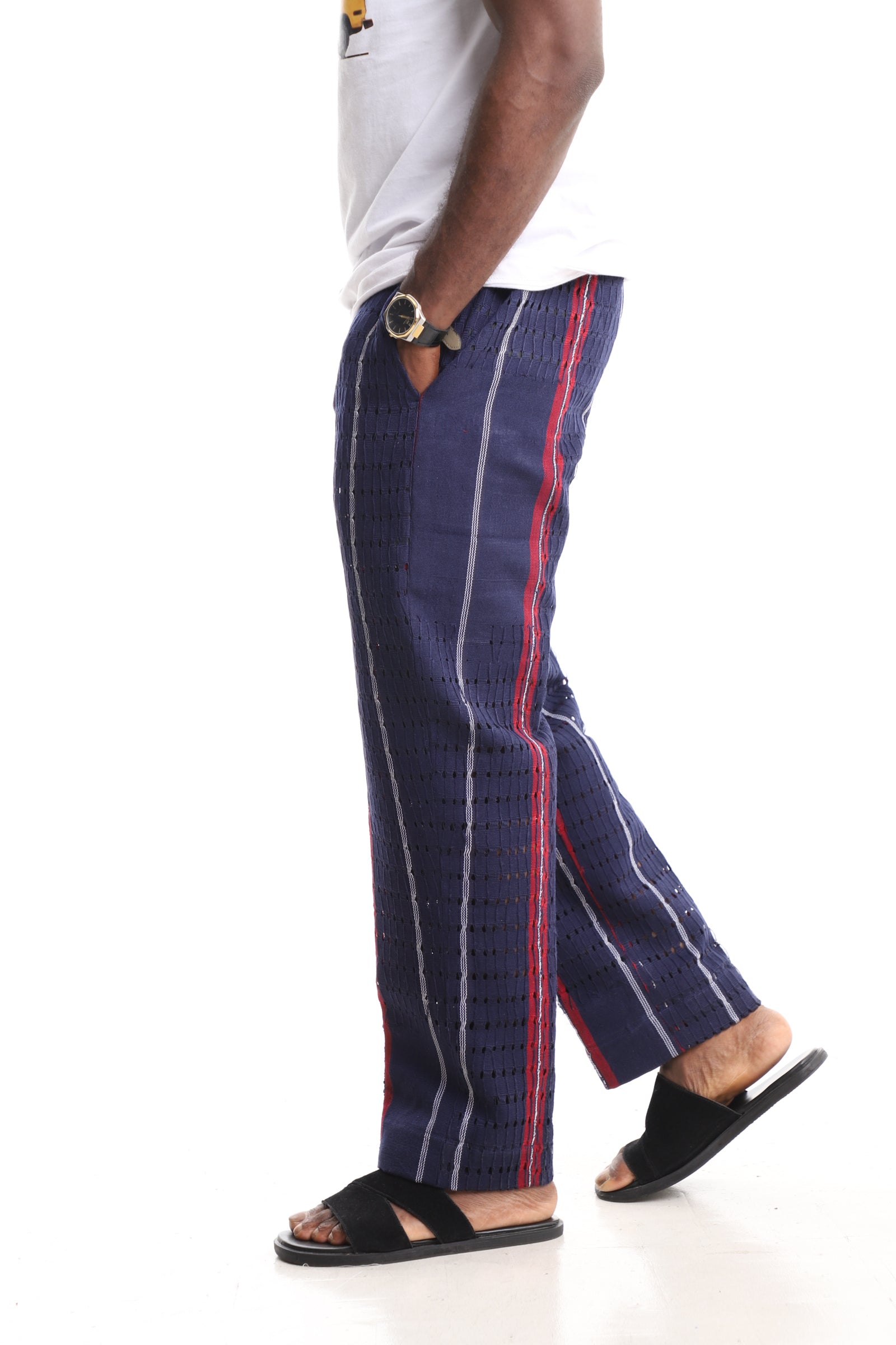 Men’s Luxury Handwoven Aso-Oke Cargo Pants – Indigo & Crimson Eyelet Stripe