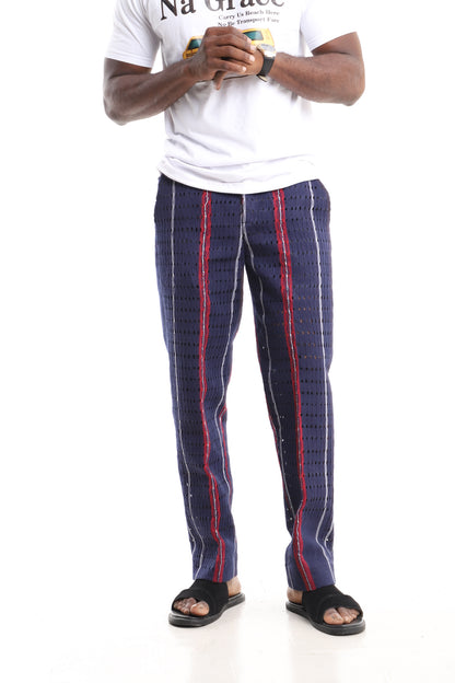 Men’s Luxury Handwoven Aso-Oke Cargo Pants – Indigo & Crimson Eyelet Stripe