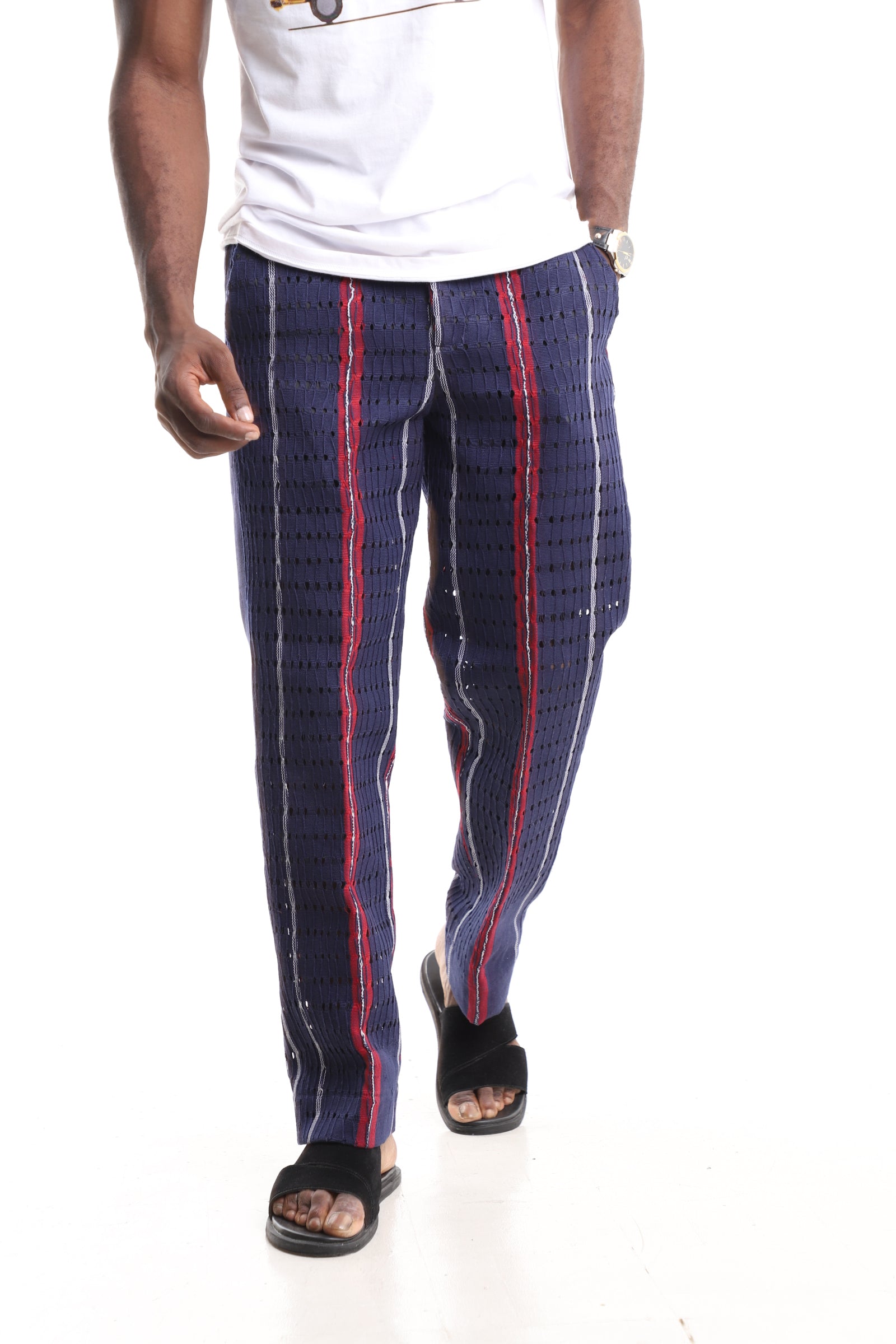 Men’s Luxury Handwoven Aso-Oke Cargo Pants – Indigo & Crimson Eyelet Stripe