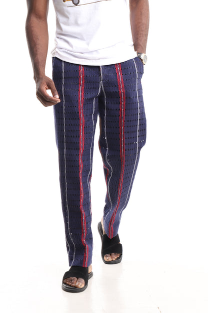 Men’s Luxury Handwoven Aso-Oke Cargo Pants – Indigo & Crimson Eyelet Stripe