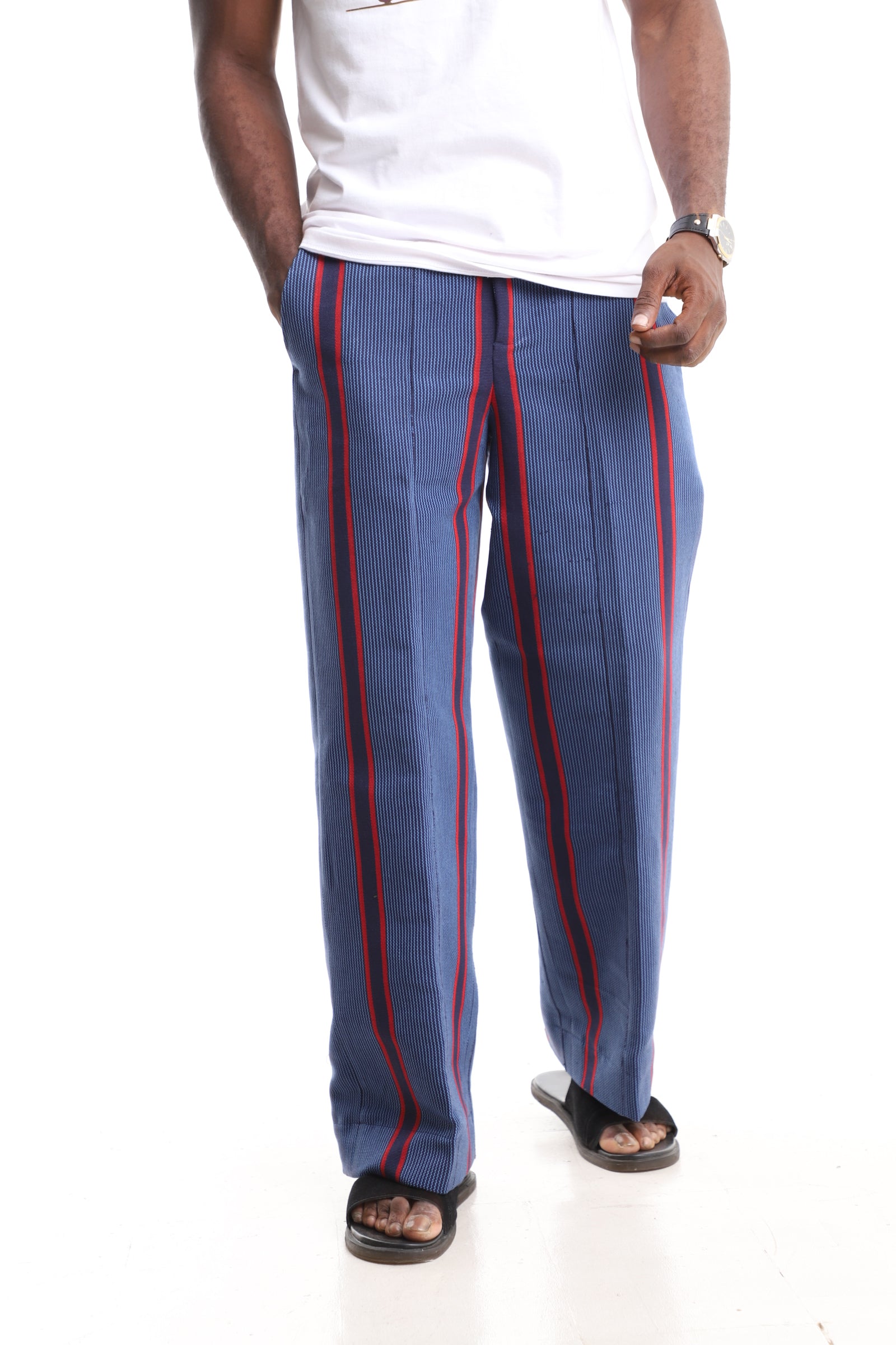 Men’s Luxury Handwoven Aso-Oke Cargo Pants – Slate Blue & Crimson Stripe