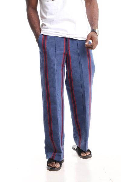Men’s Luxury Handwoven Aso-Oke Cargo Pants – Slate Blue & Crimson Stripe