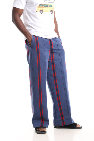 Men’s Luxury Handwoven Aso-Oke Cargo Pants – Slate Blue & Crimson Stripe