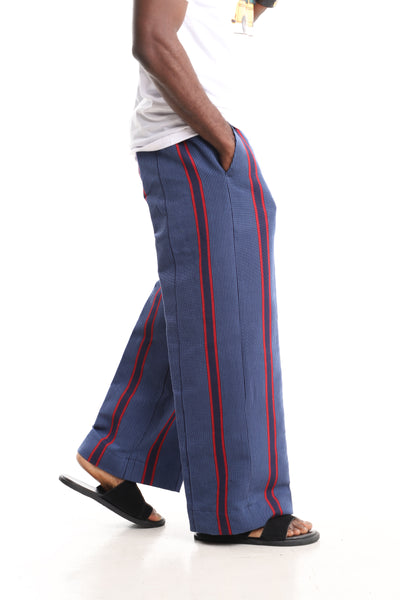 Men’s Luxury Handwoven Aso-Oke Cargo Pants – Slate Blue & Crimson Stripe