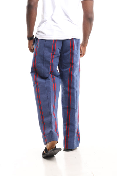 Men’s Luxury Handwoven Aso-Oke Cargo Pants – Slate Blue & Crimson Stripe