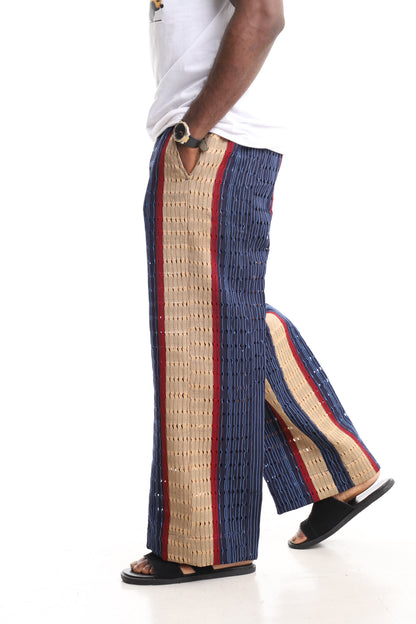 Men’s Luxury Handwoven Aso-Oke Cargo Pants – Multi-Tone Eyelet Stripe