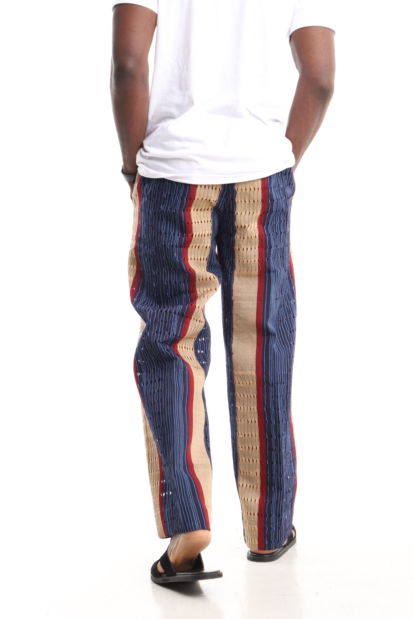 Men’s Luxury Handwoven Aso-Oke Cargo Pants – Multi-Tone Eyelet Stripe