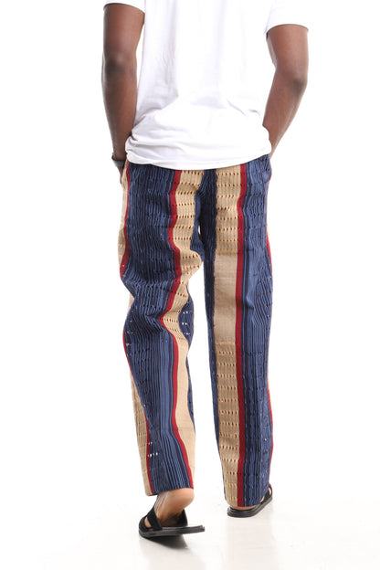 Men’s Luxury Handwoven Aso-Oke Cargo Pants – Multi-Tone Eyelet Stripe