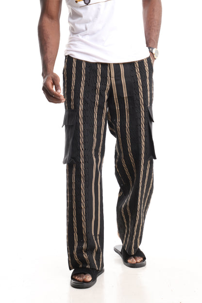 Men’s Luxury Handwoven Aso-Oke Cargo Pants – Black & Gold Textured Stripe