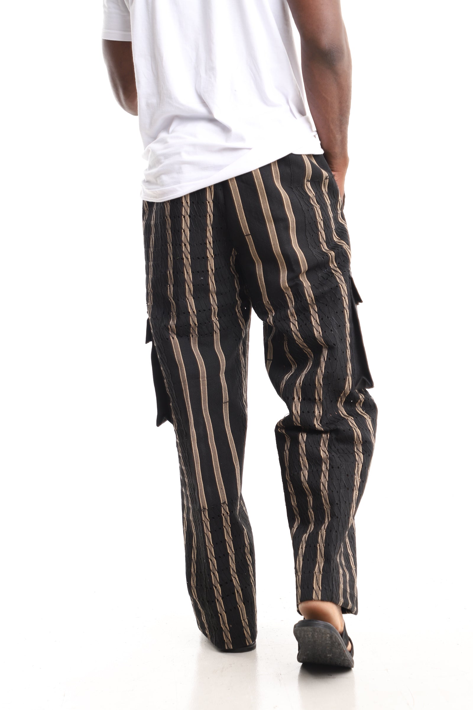 Men’s Luxury Handwoven Aso-Oke Cargo Pants – Black & Gold Textured Stripe