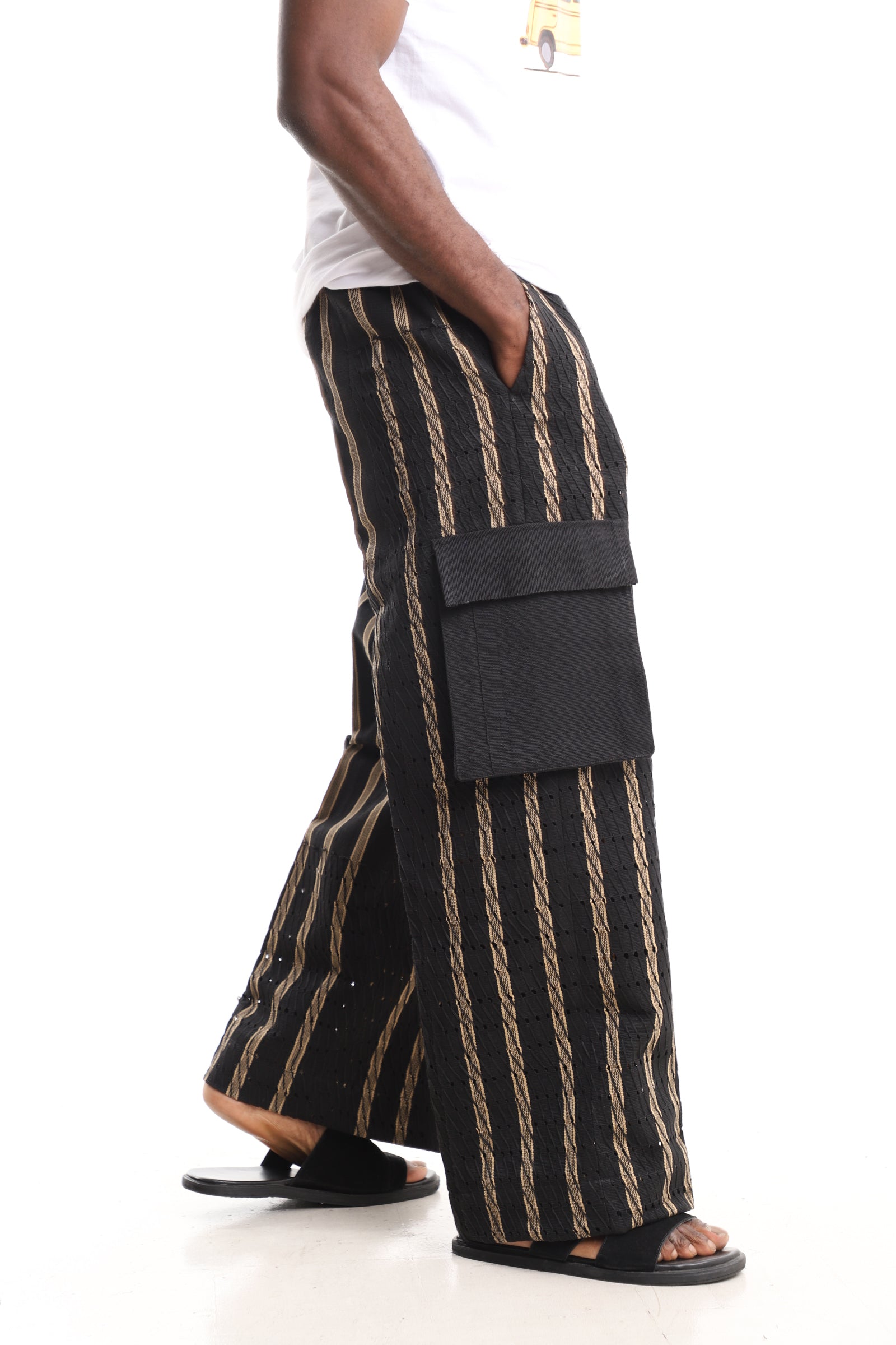 Men’s Luxury Handwoven Aso-Oke Cargo Pants – Black & Gold Textured Stripe
