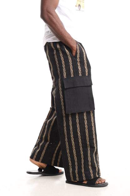 Men’s Luxury Handwoven Aso-Oke Cargo Pants – Black & Gold Textured Stripe