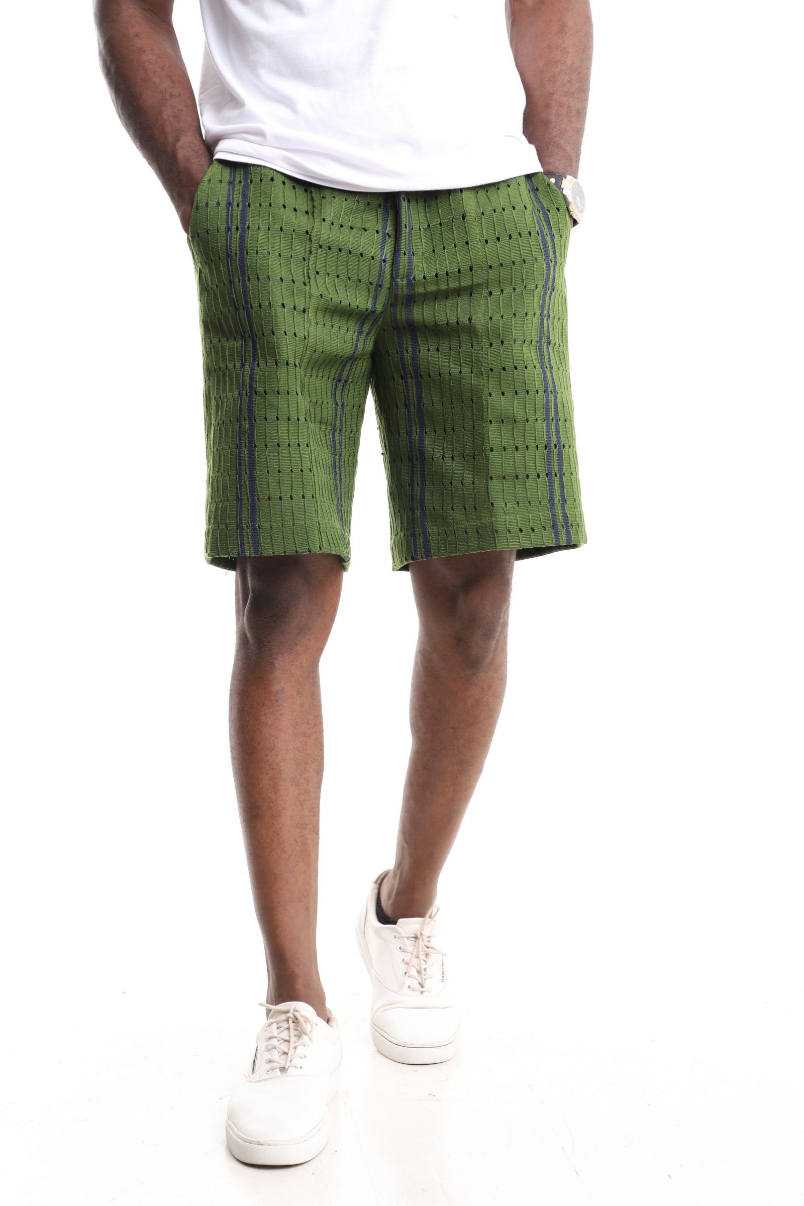 Men’s Luxury Handwoven Aso-Oke Shorts – Olive Eyelet Stripe