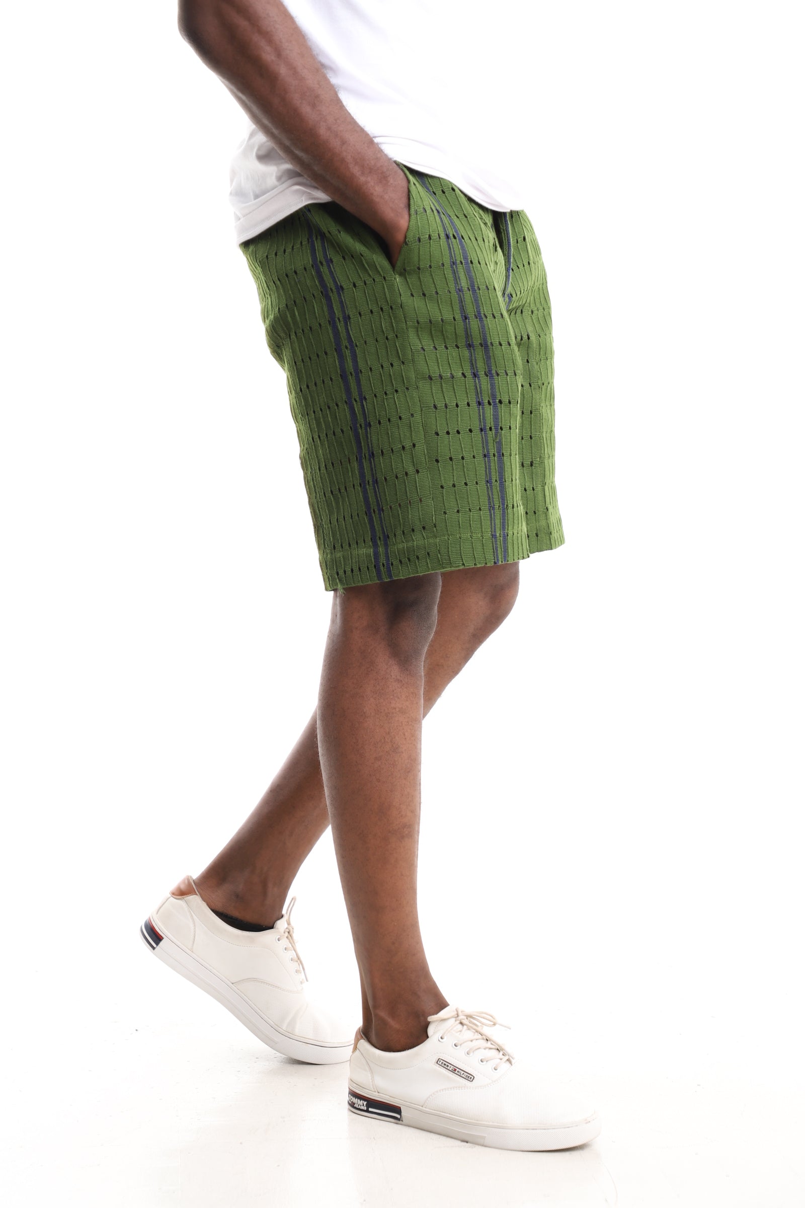 Men’s Luxury Handwoven Aso-Oke Shorts – Olive Eyelet Stripe